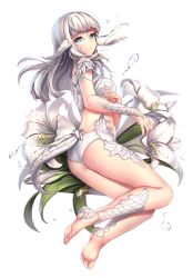 Rule 34 | 10s, 1girl, aqua eyes, aruma jiki, ass, au ra, barefoot, blunt bangs, feel, feet, final fantasy, final fantasy xiv, flat ass, floating hair, flower, full body, horns, legs, lily (flower), long hair, looking at viewer, scales, simple background, soles, solo, tail, thighs, toes, warrior of light (ff14), water, water drop, white background, white hair, white theme