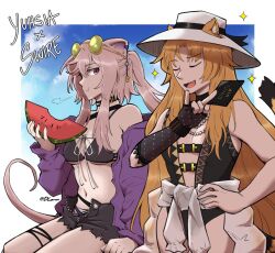 Rule 34 | 2girls, :t, animal ear piercing, animal ears, arknights, bikini, bikini under clothes, black bikini, black gloves, black one-piece swimsuit, black ribbon, black shorts, breasts, card, center opening, character name, cleavage, clothes around waist, cowboy shot, dlanon, eating, eyewear on head, fingerless gloves, food, fruit, gloves, green-tinted eyewear, hand on own hip, hat, hat ribbon, holding, holding card, holding food, holding fruit, jacket, jewelry, lin (arknights), long hair, long sleeves, looking at viewer, mouse ears, mouse girl, mouse tail, multiple girls, navel, necklace, off shoulder, official alternate costume, one-piece swimsuit, open clothes, open jacket, open shorts, orange hair, pearl necklace, pink eyes, pink hair, ponytail, ribbon, round eyewear, shirt, shirt around waist, shorts, sidelocks, single glove, sitting, small breasts, standing, stomach, sunglasses, swimsuit, swire (arknights), tail, tiger ears, tiger girl, tiger tail, tinted eyewear, very long hair, watermelon, watermelon slice, white headwear