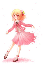 Rule 34 | 1girl, adapted costume, aki shizuha, arinu, blonde hair, blush, cherry, flower, food, fruit, leaf, short hair, skirt, solo, touhou