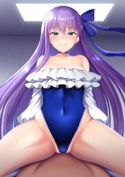 Rule 34 | 1boy, 1girl, backlighting, bad id, bad twitter id, blue bow, blue eyes, blue one-piece swimsuit, blue ribbon, blush, bow, breasts, clothed female nude male, commentary request, cowboy shot, curvy, dark-skinned male, dark skin, fate/grand order, fate (series), frilled one-piece swimsuit, frills, girl on top, hair between eyes, half-closed eyes, half updo, hetero, highleg, highleg leotard, highleg swimsuit, highres, kisaragi nana, leotard, long hair, looking at viewer, meltryllis, meltryllis (fate), meltryllis (swimsuit lancer) (fate), meltryllis (swimsuit lancer) (second ascension) (fate), naughty face, nude, off-shoulder one-piece swimsuit, off shoulder, one-piece swimsuit, pov, purple hair, ribbon, small breasts, smile, spread legs, straddling, strapless, strapless one-piece swimsuit, swimsuit, thighs, very long hair, wide hips
