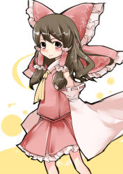 Rule 34 | 1girl, blush, brown hair, commentary request, detached sleeves, hair ribbon, hakurei reimu, japanese clothes, miko, ribbon, simple background, solo, tenko (gintenko), touhou