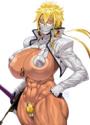 Rule 34 | 1girl, abs, absurdres, areola slip, arrancar, bleach, blonde hair, blonde pubic hair, bottomless, braid, breast tattoo, breasts, cleavage, colored eyelashes, colored pubic hair, cowboy shot, dark skin, female focus, heart maebari, highres, holding, holding sword, holding weapon, huge breasts, long sleeves, looking at viewer, maebari, mask, ming liu, mouth mask, muscular, muscular female, navel, number tattoo, open clothes, open shirt, pasties, pubic hair, revealing clothes, skindentation, solo, standing, sword, tattoo, tier harribel, weapon, white background