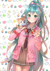 Rule 34 | 1girl, abstract background, ahoge, alternate costume, alternate hairstyle, animal, animal on shoulder, aqua eyes, aqua hair, black necktie, blazer, blush, bow, brown skirt, closed mouth, collared shirt, cowboy shot, dog, dutch angle, emblem, grey shirt, hair bow, hand on own chest, hatsune miku, headphones, headphones around neck, highres, jacket, letter, long hair, long sleeves, love letter, mouth hold, narami, necktie, open clothes, open jacket, pink bow, pink jacket, pleated skirt, ponytail, red bow, school uniform, shirt, skirt, smile, solo, standing, striped necktie, striped neckwear, thigh gap, unbuttoned, v, very long hair, vocaloid, wing collar, wrist bow