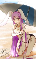 Rule 34 | 1girl, :d, alternate costume, animal ears, arched back, bare arms, bare shoulders, beach umbrella, bikini, black bikini, blush, breasts, rabbit ears, rabbit tail, choker, cleavage, collarbone, dated, eeryuu (2004107), halterneck, halterneck, highres, kneeling, large breasts, leaning forward, long hair, looking at viewer, navel, open mouth, purple hair, rabbit girl, red eyes, reisen udongein inaba, side-tie bikini bottom, signature, smile, solo, stomach, swimsuit, tail, touhou, twitter username, umbrella, very long hair