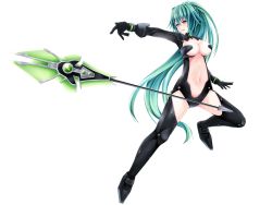 Rule 34 | 10s, 1girl, breasts, cleavage, green hair, green heart (neptunia), highres, large breasts, long hair, neptune (series), pirania, polearm, ponytail, power symbol, power symbol-shaped pupils, purple eyes, solo, spear, symbol-shaped pupils, vert (neptunia), very long hair, weapon