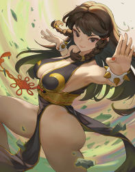 Rule 34 | 1girl, alternate costume, alternate hair length, alternate hairstyle, armpits, ass, bare shoulders, black dress, bracelet, braid, breasts, brown eyes, brown hair, capcom, china dress, chinese clothes, chun-li, cleavage, dress, hair tubes, highres, jewelry, long hair, looking at viewer, medium breasts, multicolored background, nail polish, pelvic curtain, red nails, rock, shop p, smile, solo, spiked bracelet, spikes, street fighter, tassel, thighs, twin braids