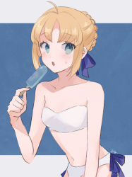 Rule 34 | 1girl, :o, ahoge, artoria pendragon (fate), bare arms, blonde hair, blush, braid, breasts, collarbone, commentary request, fate/stay night, fate (series), food, holding, looking at viewer, meloettta, navel, popsicle, saber (fate), small breasts, solo, sweatdrop, swimsuit