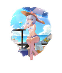 Rule 34 | 1girl, absurdres, ankleband, bare legs, bare shoulders, barefoot, beach, bikini, bikini top only, blue eyes, blue shorts, blush, bow, breasts, chinese commentary, commentary request, crossed ankles, cup, day, feet, full body, hair bow, hand on own cheek, hand on own face, hat, highres, honkai (series), honkai impact 3rd, long hair, mo ying yu, one eye closed, outdoors, short shorts, shorts, silver hair, sitting, small breasts, solo, straw hat, swimsuit, theresa apocalypse, water, white bikini