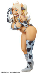 Rule 34 | 1girl, animal ears, animal print, ass, bikini, blonde hair, blue eyes, bottle, braid, breasts, comic unreal, cow print, cowbell, dark-skinned female, dark skin, detached leggings, detached sleeves, ear tag, figure, full body, gloves, horns, huge ass, huge breasts, long hair, masami chie, milk bottle, one eye closed, shoes, side braid, source request, swimsuit, tongue, tongue out, twintails, white background
