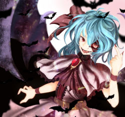 Rule 34 | 1girl, ascot, bat (animal), bat wings, belt, blood, blood from mouth, blue hair, brooch, capelet, fangs, fingernails, gradient background, index finger raised, jewelry, leaning back, looking at viewer, nail polish, no headwear, no skin, open mouth, red eyes, red nails, remilia scarlet, sharp fingernails, short hair, sinkai, slit pupils, solo, touhou, vampire, wings, wrist cuffs