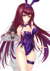 Rule 34 | 1girl, alcohol, animal ears, bad id, bad pixiv id, bottle, bow, bowtie, commentary request, cowboy shot, cup, detached collar, drinking glass, fake animal ears, fate/grand order, fate (series), garter belt, highres, leotard, long hair, looking at viewer, official alternate costume, playboy bunny, purple bow, purple bowtie, purple hair, purple leotard, rabbit ears, red eyes, scathach (fate), scathach (piercing bunny) (fate), simple background, smile, solo, standing, strapless, strapless leotard, sunday se7en, tray, white background, wine, wine bottle, wine glass, wrist cuffs