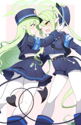 Rule 34 | 2girls, absurdres, armband, belt, black belt, black hat, black jacket, black shorts, black skirt, black tail, blue archive, blue armband, blush, border, earrings, eye contact, feet out of frame, gloves, green hair, green halo, hair between eyes, halo, hat, highres, hikari (blue archive), holding, holding clothes, holding hat, jacket, jewelry, long hair, long sleeves, looking at another, multiple girls, nozomi (blue archive), one eye closed, open mouth, outside border, pantyhose, peaked cap, pleated skirt, pointy ears, profile, shorts, sidelocks, skirt, smile, standing, tail, tuyumori kaoru (alilybell1241), twintails, unworn hat, unworn headwear, very long hair, white border, white gloves, white pantyhose, yellow eyes