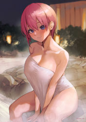 Rule 34 | 1girl, absurdres, blue eyes, blush, breasts, cleavage, closed mouth, collarbone, go-toubun no hanayome, hair between eyes, highres, large breasts, looking at viewer, nakano ichika, naked towel, onsen, smile, solo, sooon, steam, thighs, towel, wet