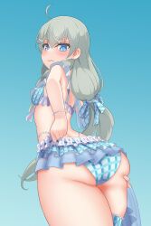 Rule 34 | 1girl, absurdres, adjusting clothes, adjusting swimsuit, ahoge, arched back, arm behind back, ass, assault lily, bare arms, bare shoulders, bikini, blue bikini, blue eyes, blue ribbon, blue sky, blush, bracelet, breasts, bridal garter, closed mouth, commentary, day, frilled bikini, frills, from behind, from below, grey hair, hair between eyes, hair ribbon, hand on own ass, highres, jewelry, kanabako misora, long hair, looking at self, looking down, low twintails, official alternate costume, outdoors, pearl bracelet, plaid, plaid bikini, plaid ribbon, ribbon, sky, small breasts, solo, standing, swimsuit, twintails, ueharu, very long hair, wavy mouth