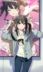 Rule 34 | 1girl, absurdres, black hair, blazer, bloom into me15, blush, casual, denim, earrings, embarrassed, green eyes, highres, holding, holding own hair, idol, idolmaster, idolmaster cinderella girls, jacket, jeans, jewelry, long hair, looking at viewer, necklace, open mouth, pants, parted lips, poster (object), shibuya rin, shirt, smile, solo, t-shirt, twintails, white shirt
