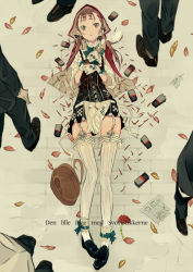 Rule 34 | 1girl, autumn leaves, basket, brown hair, cross-laced clothes, danish text, flower, from above, garter straps, gloves, hood, leaf, leggings, little match girl, long hair, looking at viewer, lying, matchbox, matches, original, princess royale, rose, smile, tazuma (u283), thighhighs, u283