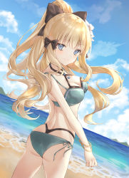 Rule 34 | 1girl, aqua bikini, ass, bikini, black bow, blonde hair, blue eyes, blush, bow, breasts, cha chya, cleavage, elf, flower, hair bow, hair flower, hair ornament, highres, large breasts, layered bikini, long hair, looking at viewer, pointy ears, ponytail, princess connect!, saren (princess connect!), saren (summer) (princess connect!), smile, solo, split mouth, swimsuit, whale tail (clothing)