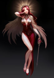 Rule 34 | 1girl, absurdres, black background, bracelet, breasts, brown gloves, cape, cleavage, crown, dress, earrings, feathered cape, gem, gloves, gradient background, hand up, highres, jewelry, jrobinkim, long hair, medium breasts, necklace, original, red dress, red footwear, red hair, red lips, scepter, solo, thigh strap