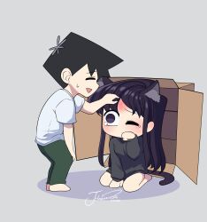 Rule 34 | 1boy, 1girl, absurdres, animal ear fluff, animal ears, artist name, barefoot, between legs, black hair, black sweater, box, cardboard box, cat ears, cat tail, chibi, closed eyes, commentary, flower, full body, green pants, grey background, hair flower, hair ornament, hand between legs, hand on another&#039;s head, hand on own knee, highres, j humbo, komi-san wa komyushou desu, komi shouko, leaning forward, long hair, looking at another, no mouth, no nose, one eye closed, open mouth, pants, profile, purple eyes, purple hair, shirt, short hair, short sleeves, signature, simple background, sweatdrop, sweater, tadano hitohito, tail, tearing up, very long hair, white shirt