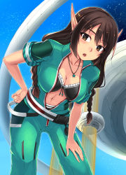 Rule 34 | 1girl, :o, all blink, belt, bra, braid, breasts, brown eyes, brown hair, center opening, cleavage, collarbone, hand on own hip, highres, jewelry, leaning forward, long hair, looking at viewer, navel, necklace, ol blink (pso2), open mouth, phantasy star, phantasy star online 2, pointy ears, ryou@ryou, solo, star (sky), twin braids, ulc, underwear