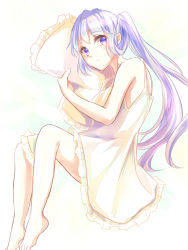 Rule 34 | 1girl, bare arms, bare shoulders, barefoot, blue eyes, dress, highres, kashiwagi chisame, long hair, looking at viewer, lying, mononobe no futo, hugging object, on side, pillow, pillow hug, ponytail, silver hair, sleeveless, sleeveless dress, solo, sundress, touhou, very long hair, white background