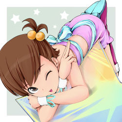 Rule 34 | 1girl, ;d, boots, brown eyes, brown hair, cute &amp; girly (idolmaster), dress, futami mami, hair bobbles, hair ornament, idolmaster, idolmaster (classic), issei, looking at viewer, lying, on stomach, one eye closed, open mouth, short hair, side ponytail, skirt, smile, solo, wink