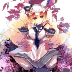 Rule 34 | 1girl, adapted costume, bare shoulders, blonde hair, detached sleeves, fox tail, hat, highres, multiple tails, parted lips, rain lan, short hair, solo, tabard, tail, touhou, v arms, wide sleeves, yakumo ran, yellow eyes