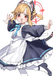 Rule 34 | 1girl, absurdres, animal ear headphones, animal ears, apron, black dress, black footwear, blonde hair, blue archive, dress, fake animal ears, foot out of frame, frilled apron, frilled dress, frills, halo, haruyuki (gffewuoutgblubh), headphones, highres, long sleeves, looking at viewer, maid apron, momoi (blue archive), momoi (maid) (blue archive), official alternate costume, open mouth, outstretched arms, pantyhose, puffy long sleeves, puffy sleeves, red eyes, red halo, shoes, short hair, simple background, smile, solo, spread arms, white apron, white background, white pantyhose