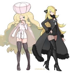 Rule 34 | 2girls, ;o, absurdres, adapted costume, black coat, black footwear, black shirt, black shorts, blonde hair, boots, brown footwear, caitlin (pokemon), cape, coat, commentary request, creatures (company), cynthia (pokemon), dress, fur-trimmed coat, fur collar, fur trim, game freak, grey eyes, hair ornament, hair over one eye, hand on own hip, hand up, hat, high heel boots, high heels, highres, kakikuyeko3181, knees, long hair, long sleeves, looking at viewer, multiple girls, nintendo, one eye closed, open mouth, parted bangs, pink cape, pink headwear, pokemon, pokemon bw, pokemon dppt, see-through cape, shirt, shorts, sidelocks, standing, thigh boots, thighs, v-neck, very long hair, wavy hair, white dress, yawning