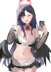 Rule 34 | 1girl, absurdres, apron, black hair, black skirt, black sleeves, black wings, blue archive, blush, breasts, cellphone, cleavage, closed eyes, detached collar, feathered wings, hair ornament, hairpin, halo, highres, holding, holding phone, ichika (blue archive), lemontea (ekvr5838), long hair, low wings, maid, maid apron, medium breasts, navel, open mouth, phone, red halo, see-through, see-through sleeves, skirt, smartphone, solo, teeth, upper teeth only, white background, wings, wrist cuffs
