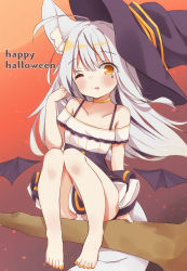 Rule 34 | 1girl, :p, animal ear fluff, animal ears, bad id, bad pixiv id, barefoot, black hat, blouse, blush, demon wings, detached wings, dress, feet, female focus, hair between eyes, halloween, happy halloween, hat, highres, long hair, low wings, minato yu (0514), nail polish, one eye closed, original, panties, shirt, sitting, solo, tail, toes, tongue, tongue out, underwear, very long hair, white hair, white panties, white shirt, wings, witch hat