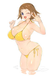 Rule 34 | 10s, 1girl, ;d, bare shoulders, bikini, blue eyes, bracelet, breasts, brown hair, cleavage, covered erect nipples, cowboy shot, earrings, gundam, gundam build divers, highres, huge breasts, jewelry, looking at viewer, nanase nanami (gundam build divers), navel, one eye closed, open mouth, poin (hidsuki), short hair, side-tie bikini bottom, simple background, sketch, skindentation, smile, solo, standing, swimsuit, w, wading, water, wet, white background, yellow bikini