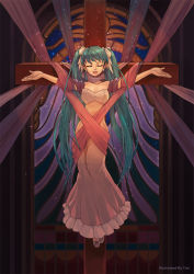 Rule 34 | 1girl, bondage, bound, bow, cross, crucifixion, dress, closed eyes, green hair, hair bow, hatsune miku, highres, long hair, open mouth, outstretched arms, ribbon, ribbon bondage, solo, spread arms, taii (taiiland), taii (tng1014), twintails, very long hair, vocaloid