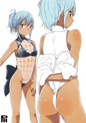 Rule 34 | 1girl, ass, blue hair, dark skin, female focus, from behind, looking back, multiple views, partially colored, ponytail, purple eyes, satsuyo, see-through, simple background, white background