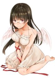 Rule 34 | 10s, 1girl, alternate costume, bare shoulders, barefoot, blush, breasts, brown hair, choukai (kancolle), dress, glasses, kantai collection, long hair, red eyes, red ribbon, ribbon, simple background, sitting, sleeveless, solo, spaghetti strap, wariza, white background, white wings, wings, yuna (yukiyuna)