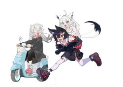 Rule 34 | ahoge, animal ear fluff, animal ears, black hair, braid, carrying, carrying person, chawanman, fox ears, fox girl, fox tail, hair between eyes, hair ornament, highres, hololive, horns, long hair, motor vehicle, motorcycle, multicolored hair, multiple girls, nakiri ayame, ookami mio, ookami mio (1st costume), open mouth, piggyback, red eyes, red hair, running, scooter, shirakami fubuki, shoes, simple background, skin-covered horns, sneakers, streaked hair, tail, thighhighs, vespa, virtual youtuber, white background, white hair, wolf ears, wolf girl, wolf tail