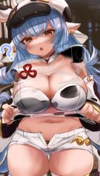 Rule 34 | 1girl, ?, absurdres, animal ears, animal print, bare shoulders, bikini, blue hair, blush, breasts, brown eyes, catura (granblue fantasy), clothes lift, collarbone, cow ears, cow girl, cow hat, cow print, cow tail, detached collar, detached sleeves, draph, ear piercing, granblue fantasy, hat, highleg, highleg bikini, highres, large breasts, long hair, looking at viewer, maou (maoudaisukiya), micro shorts, navel, open fly, open mouth, piercing, pointy ears, see-through, short shorts, shorts, solo, swimsuit, tail, thighhighs, thighs, white bikini, white shorts, wide sleeves