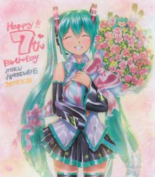 Rule 34 | 10s, 2014, bouquet, character name, dated, detached sleeves, closed eyes, flower, green hair, grin, happy birthday, hatsune miku, headset, highres, long hair, mayo riyo, skirt, smile, solo, spring onion, thighhighs, twintails, very long hair, vocaloid