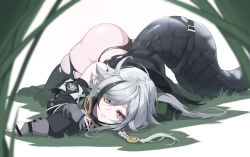 Rule 34 | 1girl, absurdres, arknights, ass, bare shoulders, black footwear, black hair, black panties, black thighhighs, boots, braid, commentary, crocodilian tail, detached sleeves, gloves, grey gloves, highres, kyong 1201, large tail, long hair, long sleeves, looking at viewer, multicolored hair, panties, parted lips, silver hair, single braid, skindentation, solo, streaked hair, tail, thighhighs, thighs, tomimi (arknights), top-down bottom-up, underwear, white background, yellow eyes