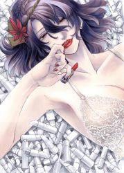 Rule 34 | 1girl, armpits, bra, breasts, cleavage, collarbone, cosmetics, earrings, hair ornament, highres, jewelry, lace, lace-trimmed bra, lace trim, leaf hair ornament, lipstick tube, nail polish, purple hair, red eyes, red lips, red nails, rope, shimenawa, short hair, solo, touhou, sunken fossil world, underwear, white background, whoru, yasaka kanako