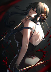 Rule 34 | 1girl, absurdres, back, bare arms, black dress, black gloves, black hair, blood, breasts, brown flower, brown hairband, dress, flower, gloves, hair between eyes, hair flower, hair ornament, hairband, hand up, highres, holding, holding weapon, large breasts, long hair, looking at viewer, looking back, mikan (chipstar182), parted lips, red eyes, sidelocks, solo, spy x family, weapon, yor briar