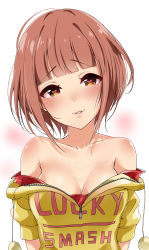 Rule 34 | 1girl, bare shoulders, blunt bangs, blush, breasts, brown eyes, brown hair, cleavage, collarbone, commentary request, heart, heart-shaped pupils, highres, hood, hoodie, idolmaster, idolmaster cinderella girls, kitami yuzu, looking at viewer, medium breasts, murabito c, off shoulder, parted lips, red shirt, shirt, short hair, simple background, smile, solo, suggestive fluid, sweater, symbol-shaped pupils, unzipped, white background, yellow sweater, zipper, zipper pull tab