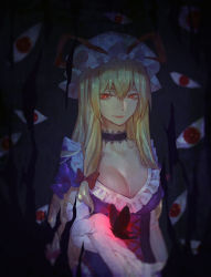 Rule 34 | 1girl, aura, black butterfly, bow, breasts, bug, butterfly, choker, chromatic aberration, cleavage, collarbone, colored eyelashes, corset, dark, dark aura, dress, elbow gloves, expressionless, foreshortening, gap (touhou), gloves, glowing, glowing butterfly, hair bow, hat, hat ribbon, highres, insect, lace-trim, lace-trimmed choker, lace trim, large breasts, lips, long hair, looking down, mister rhino (wangzisama1001), mob cap, purple dress, red eyes, ribbon, short sleeves, sidelocks, solo, touhou, upper body, very long hair, white gloves, yakumo yukari