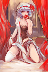 Rule 34 | 1girl, apple, bed, blue hair, breasts, corset, curly hair, curtains, eating, food, fruit, hat, hat ribbon, highres, holding, kneeling, looking at viewer, miyako3344, nail polish, open clothes, open shirt, red eyes, remilia scarlet, ribbon, shirt, short hair, solo, thighhighs, touhou, white thighhighs