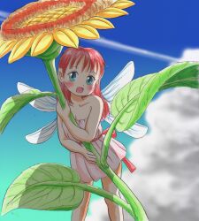 Rule 34 | 1girl, absurdres, blue eyes, blush, bow, breasts, cleavage, cloud, collarbone, contrail, dress, fairy, fairy wings, flower, highres, holding, holding flower, long hair, looking at viewer, marup, open mouth, pink bow, pink dress, red hair, sky, small breasts, smile, standing, strapless, strapless dress, sunflower, waist bow, wings