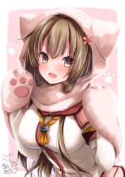 Rule 34 | 1girl, absurdres, animal hood, armband, breasts, brown eyes, brown hair, cat hood, cherry blossoms, detached sleeves, flower, hair flower, hair ornament, highres, hood, kantai collection, large breasts, long hair, long sleeves, mashiro yukiya, solo, upper body, white sleeves, yamato (kancolle), z flag