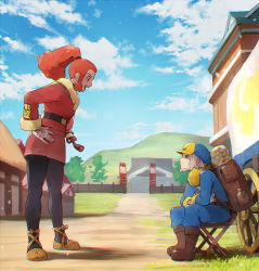 Rule 34 | 1boy, 1girl, :d, backpack, bag, beard, black pantyhose, blue jumpsuit, boots, brown bag, brown footwear, building, closed mouth, cloud, commentary request, creatures (company), day, eye contact, facial hair, from side, full body, game freak, ginter (pokemon), grass, hat, jacket, jumpsuit, kurochiroko, logo, looking at another, nintendo, open mouth, orange hair, outdoors, pantyhose, pokemon, pokemon legends: arceus, ponytail, red jacket, red skirt, shoes, sitting, skirt, sky, smile, standing, stool, zisu (pokemon)