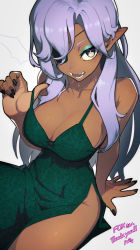 Rule 34 | + -, 1girl, arm behind back, arm support, black nails, borrowed character, breasts, cleavage, collarbone, commentary request, commission, dark-skinned female, dark skin, dress, eyepatch, fangs, fingernails, floral print, green dress, green eyes, hata4564, highres, large breasts, lifting own clothes, long fingernails, long hair, looking at viewer, nail polish, open mouth, original, pointy ears, print dress, purple hair, side slit, sidelocks, sitting, skeb commission, solo, strap lift, teeth, thank you, thighs, very long hair