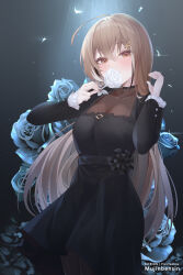 Rule 34 | 1girl, ahoge, black dress, black sleeves, blue flower, blue rose, blush, brown eyes, brown hair, covered mouth, covering own mouth, dress, flower, gradient background, hair ornament, hairclip, holding, holocouncil, hololive, hololive english, long hair, long sleeves, looking at viewer, mujinbensin, multicolored hair, nanashi mumei, petals, rose, rose petals, runes, solo, streaked hair, very long hair, virtual youtuber, white flower, white rose