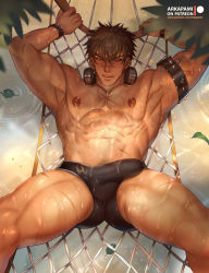 Rule 34 | 1boy, arkapami, armband, armpits, bernheim (king&#039;s raid), black male swimwear, black swim briefs, brown hair, bulge, closed mouth, covered penis, erection, erection under clothes, hammock, headphones, headphones around neck, highres, king&#039;s raid, looking at viewer, lying, male focus, male swimwear, muscular, muscular male, nipples, on back, pectorals, red eyes, scar, scar on face, solo, spread legs, swim briefs, swimsuit, wet, wristband